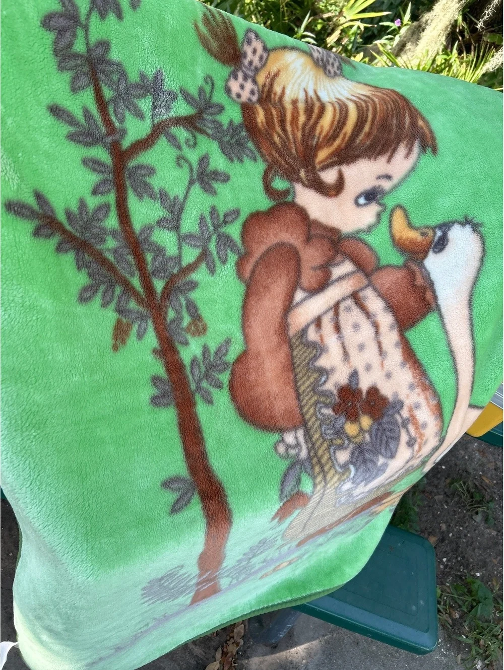 Vintage  precious moments Green Fleece Blanket with Girl and Goose Design